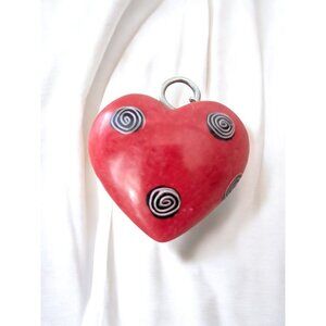 Artisan Crafted: Hand-Carved Red Soapstone Heart Pendant with Spiral Accents - W